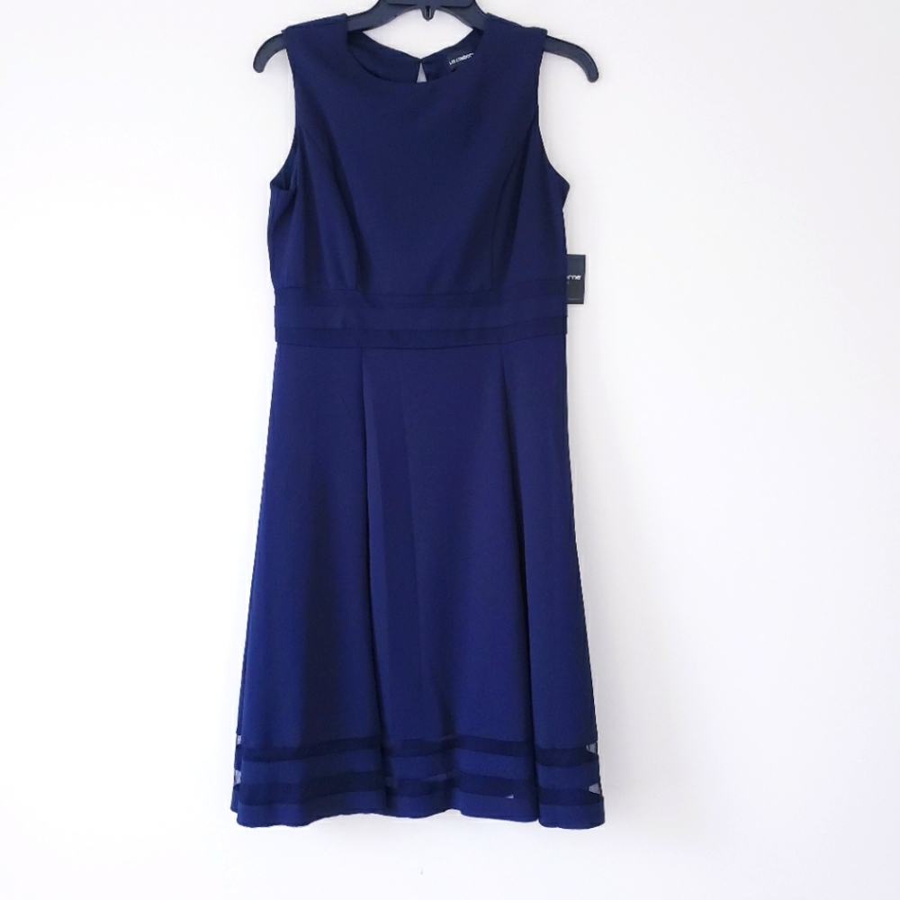 Liz Claiborne Navy Blue A Line Pleated Dress Size 8 NEW Mesh Trim Cocktail NWT